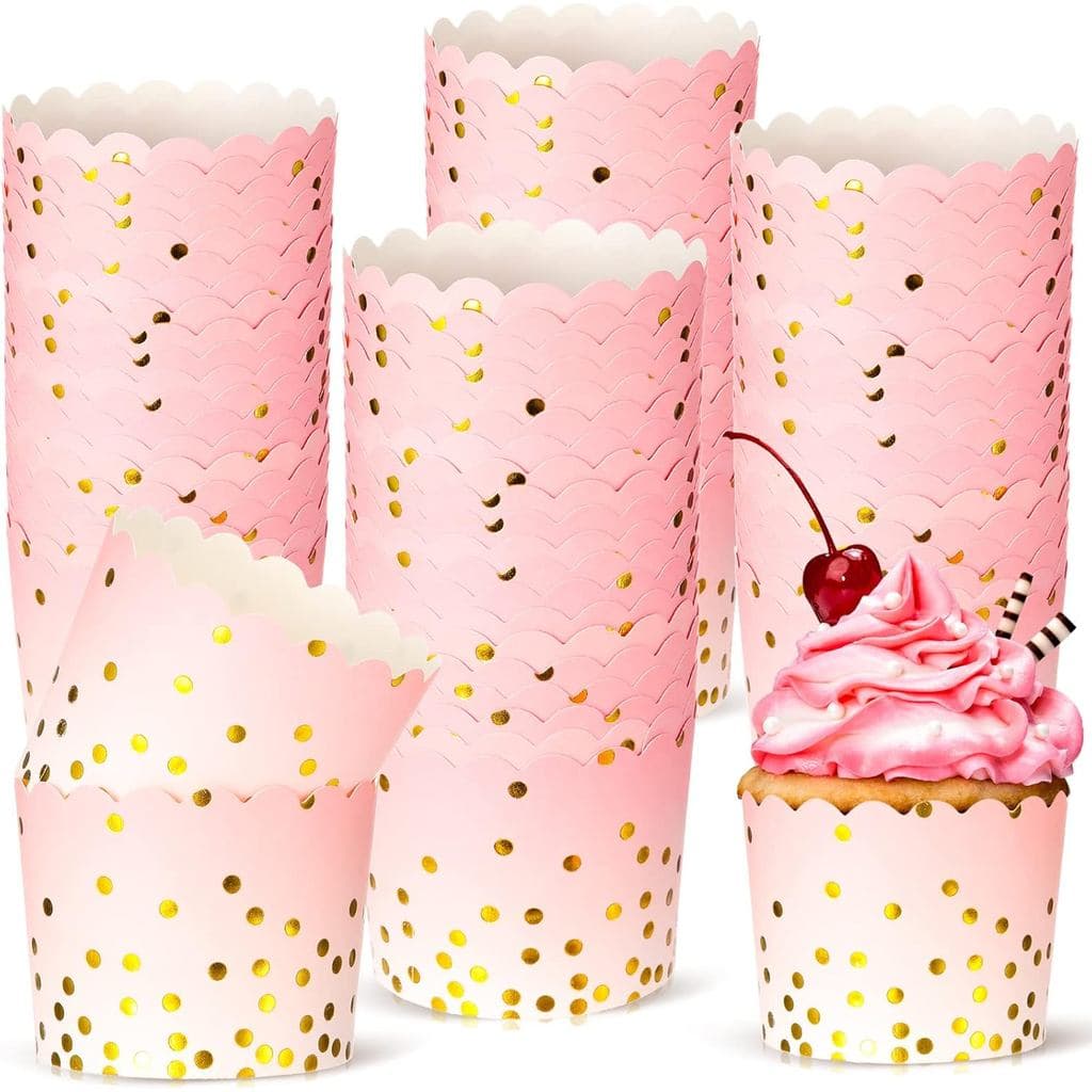 100 Forminhas de Papel Rosa para Cupcake 4,5 oz com Bolinhas Douradas para Muffins, Sobremesas, Páscoa, Chás de Bebê, Ca