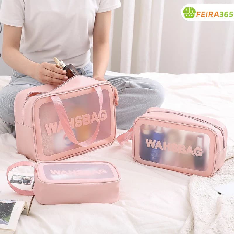 Kit 3 Necessaire Maquiagem Feminina Transparente WashBag a Prova de Água