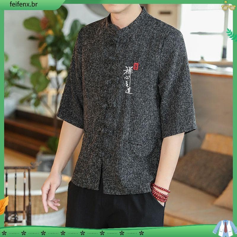 Terno Tang de linho antigo masculino verão estilo chinês botão de disco bordado camisa de manga de três quartos tamanho