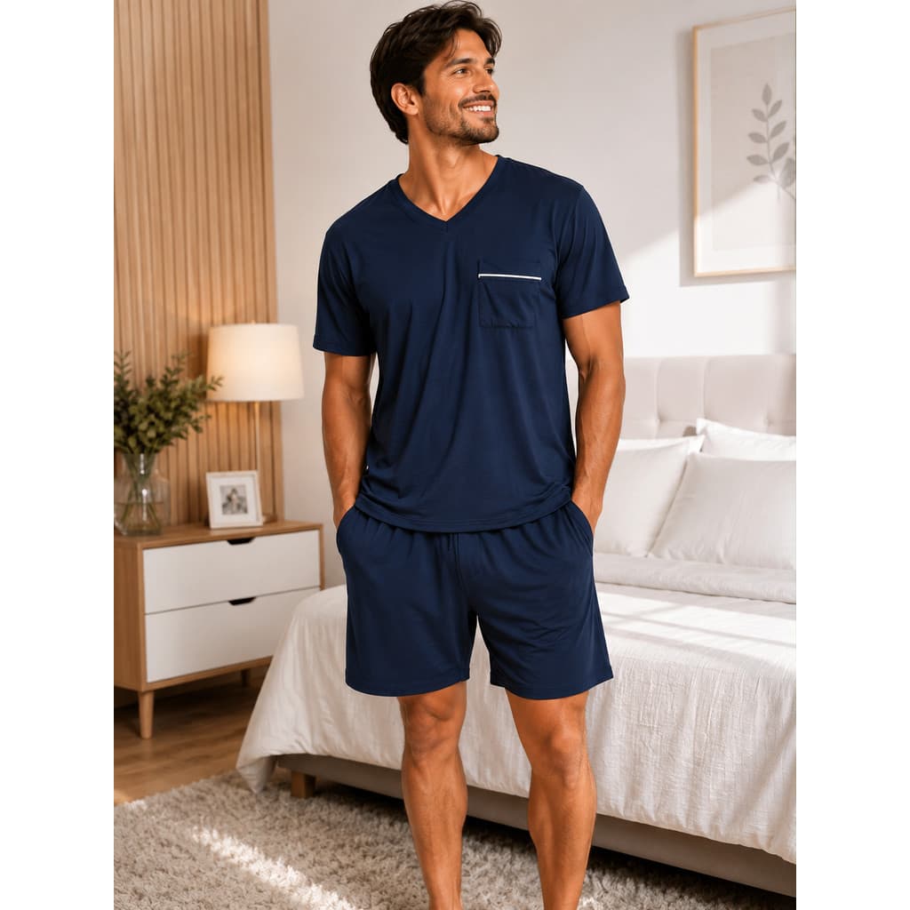 Pijama Masculino Curto Suede Premium Gola V com Bolso | Conjunto Camiseta e Short Confortável