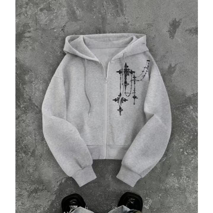 Casaco Moletom Feminino Zíper Y2K Gótico Streetwear Estampa Cruz