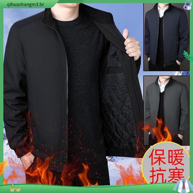 Jaqueta masculina outono inverno High-End Casual gola alta jaqueta de meia-idade forro de lã algodão quente tamanho gran