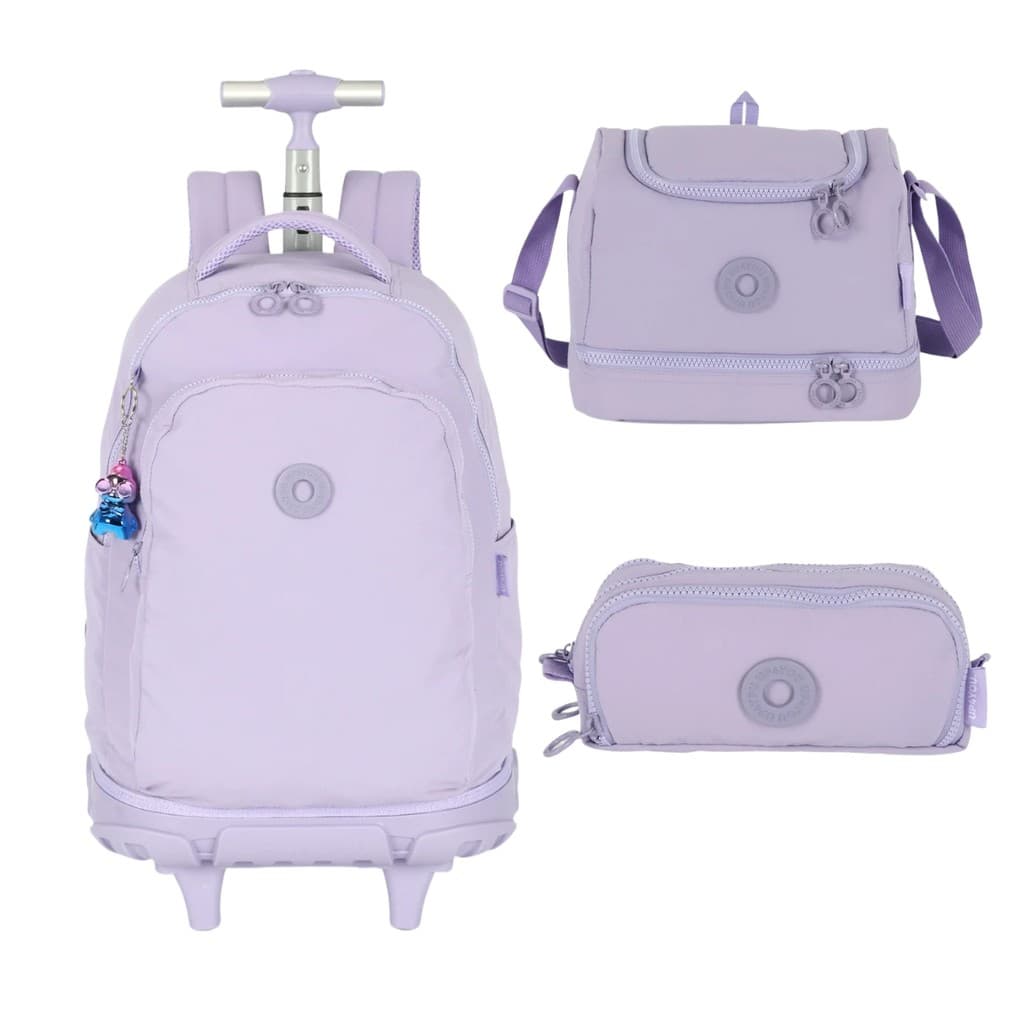 kIT Mochila Rodinhas Estojo Triplo Lancheira Escolar Infantil Roxo UP4YOU