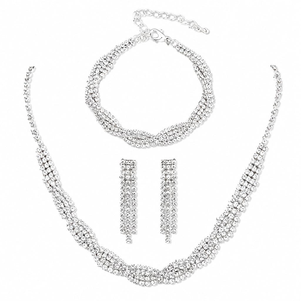 Conjunto De Joias 3 Em 1 Colar Brincos Pulseira Feminino Festa Acessório