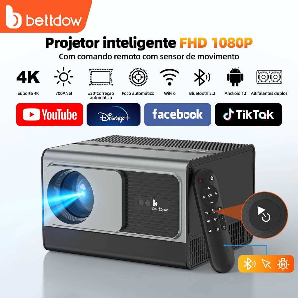 BETTDOW Projetor totalmente selado 4K 8K 700ANSI 22000Lumens Android WiFi LED Projetor de filme de vídeo LED