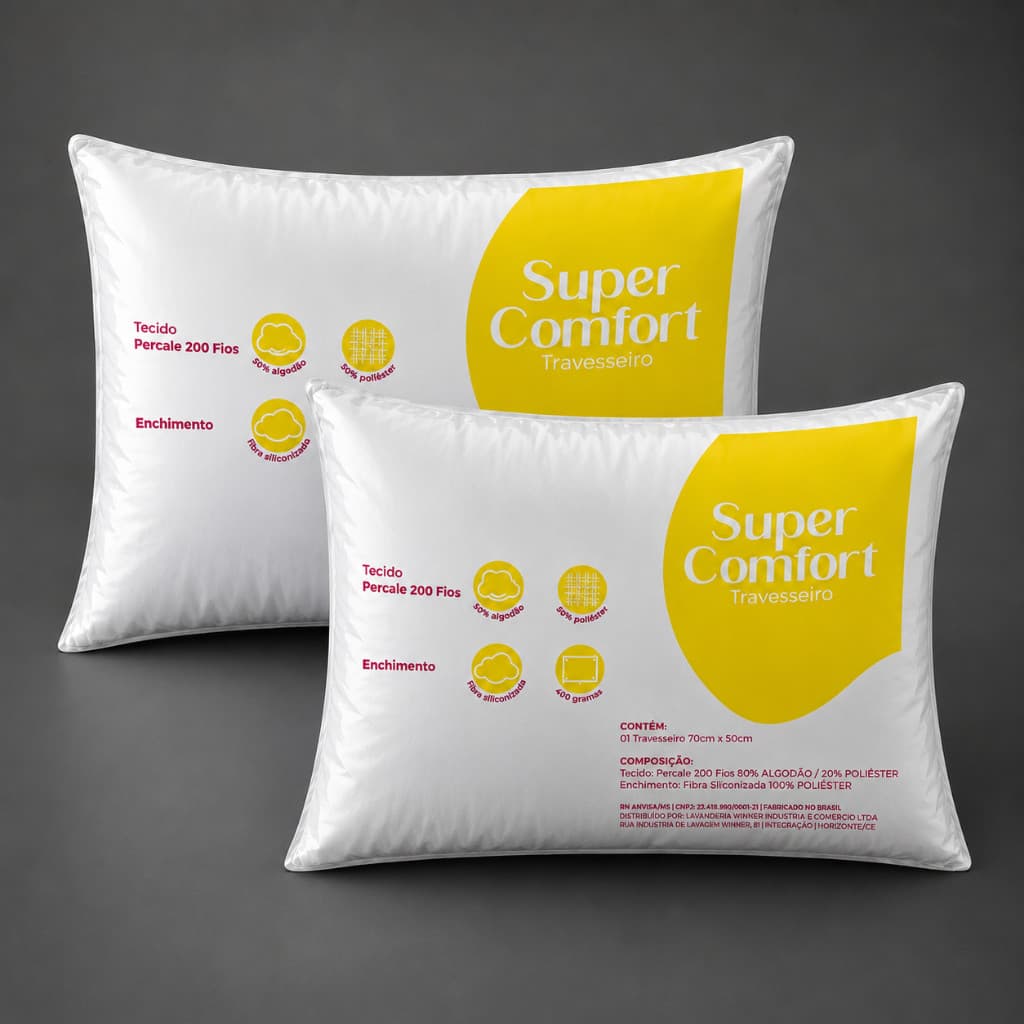 Kit  Travesseiros Super Comfort 70x50 Percal 200 Fios Fibra Siliconizada Macio Antialérgico Premium