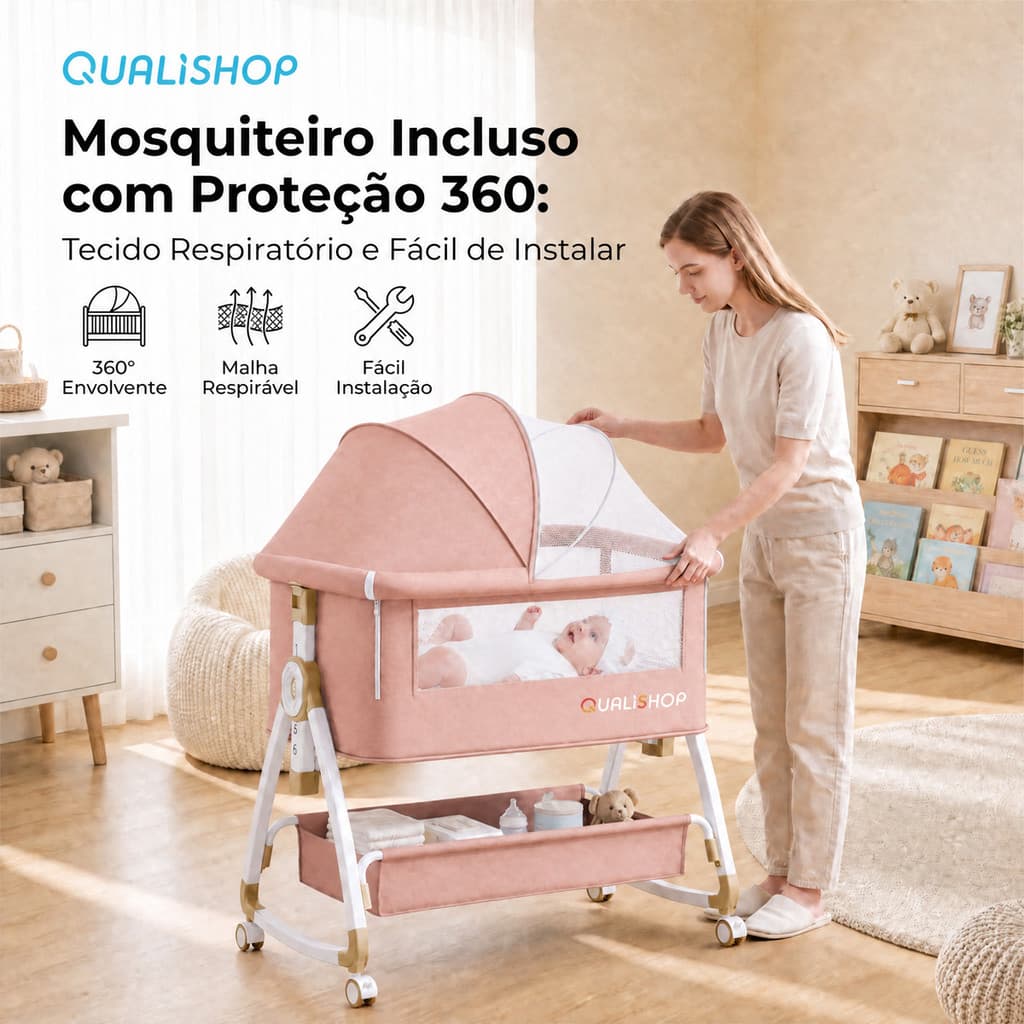 Berço Moisés Portátil Rosa Co-leito Bebê Mosquiteiro Rodas