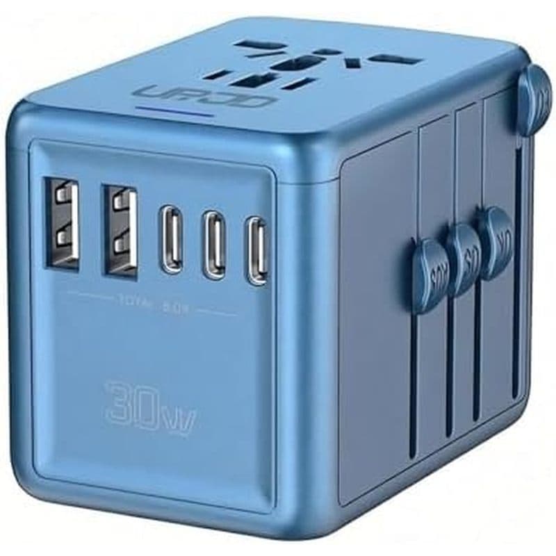Adaptador de viagem Universal, com 5 portas USB C/A de carregamento rápido de 30 W, azul | Adequado para europeus, Reino