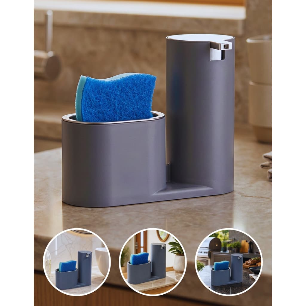 Porta Detergente Organizador De Pia Porta Esponja Dispenser Sabao Liquido 350ml Cozinha Arthi Cinza