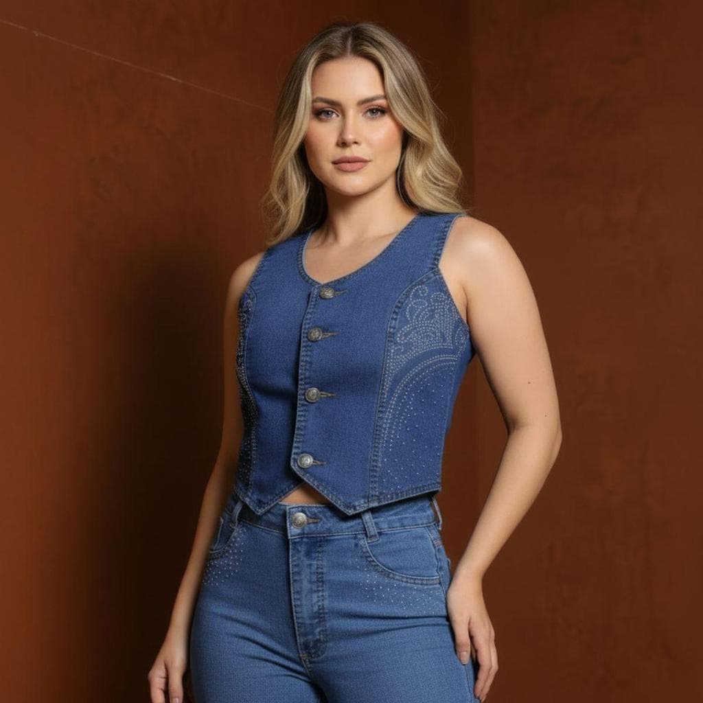 Colete Jeans Feminino Country Pedraria Brilho Premium Botões Cropped Casual Rodeio Moda Western Luxo
