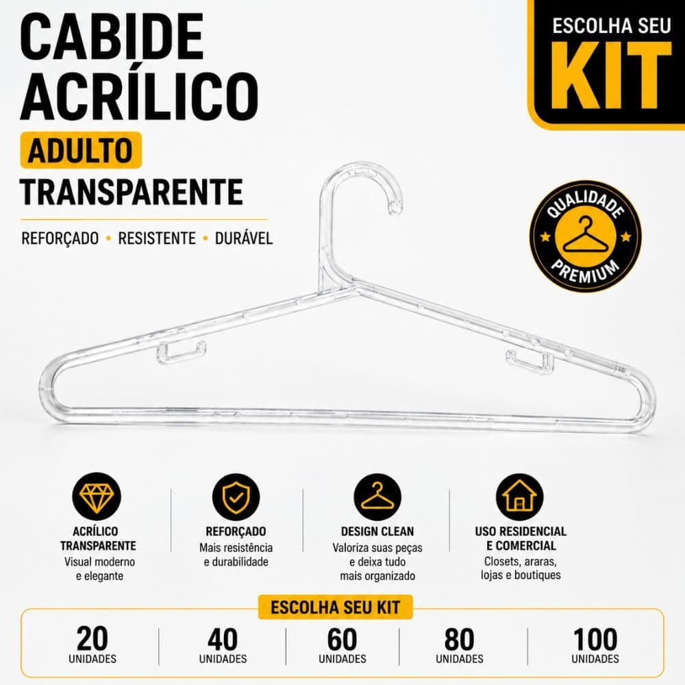 Cabide Acrílico Transparente Adulto Reforçado Escolha Seu Kit Closet Loja Guarda Roupa