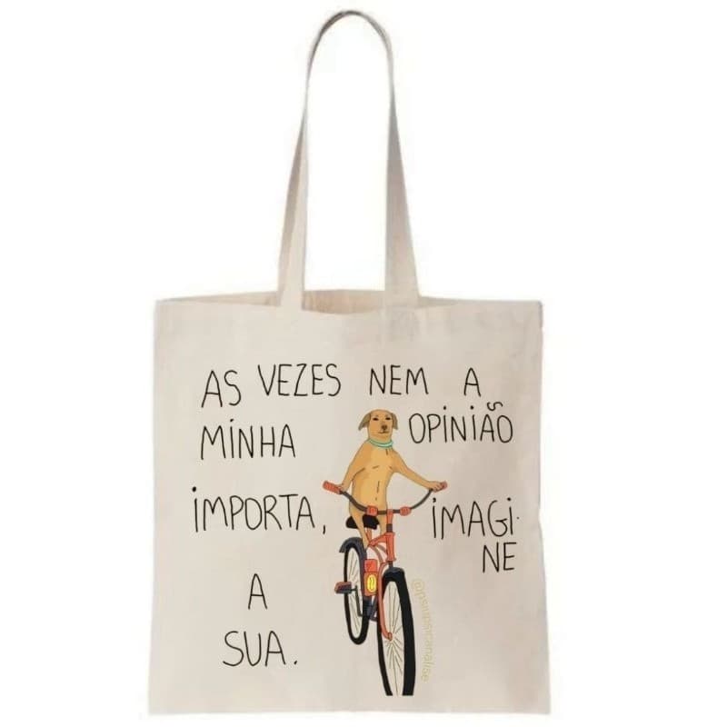 Bolsa Ecobag Estampada Cachorro Caramelo de Bicicleta | Bolsa Tote Sustentável Algodão Cru