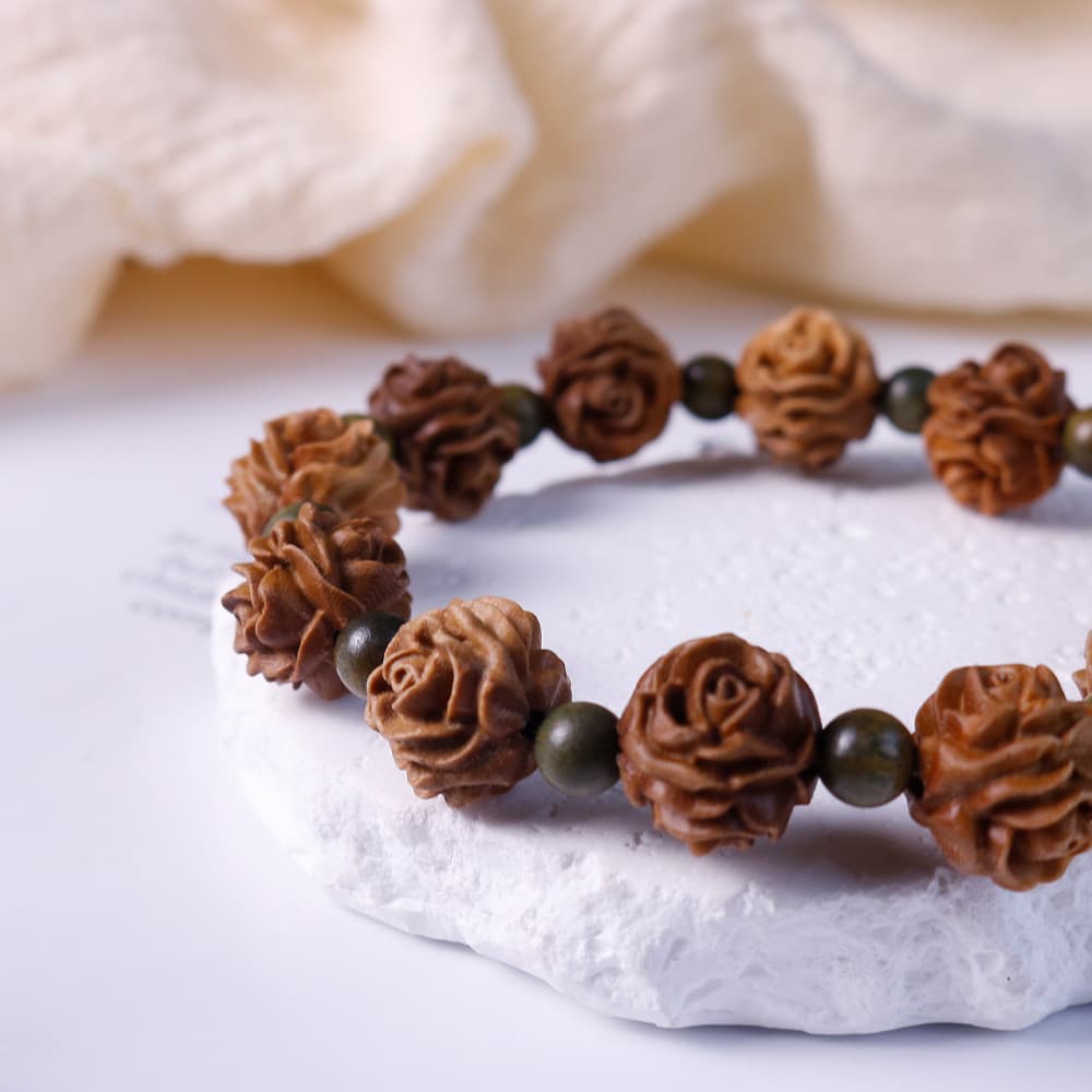 Pulseira de bola de rosa champanhe de mogno antigo, pulseira de anel único para homens e mulheres, joias esculpidas à mã