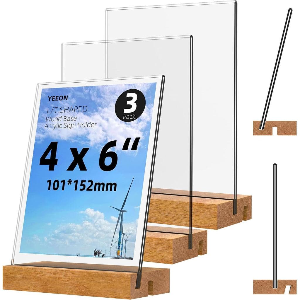Suporte de Sinalização em Acrílico 4x6 Polegadas com Base de Madeira, Suporte de Exibição para Mesa (4x6, Pacote com 3)