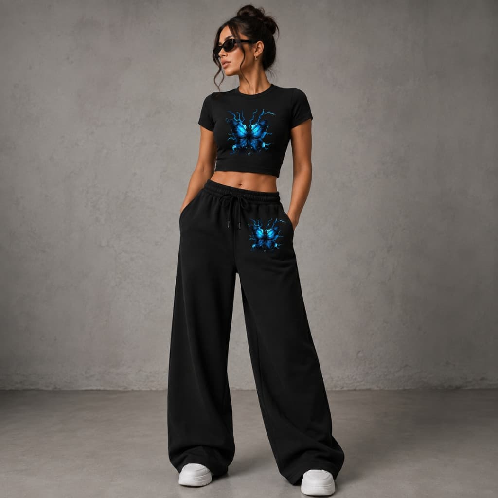 Conjunto Feminino Cropped e Calça Wide Leg Estampada Borboleta Y2K Moda Street Casual Moletinho Premium