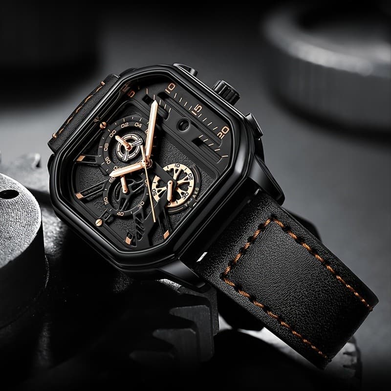 Relógio Masculino de Negócios Fashion Casual Vintage com Data Automática, Mostrador Quadrado Grande, Pulseira de Couro P