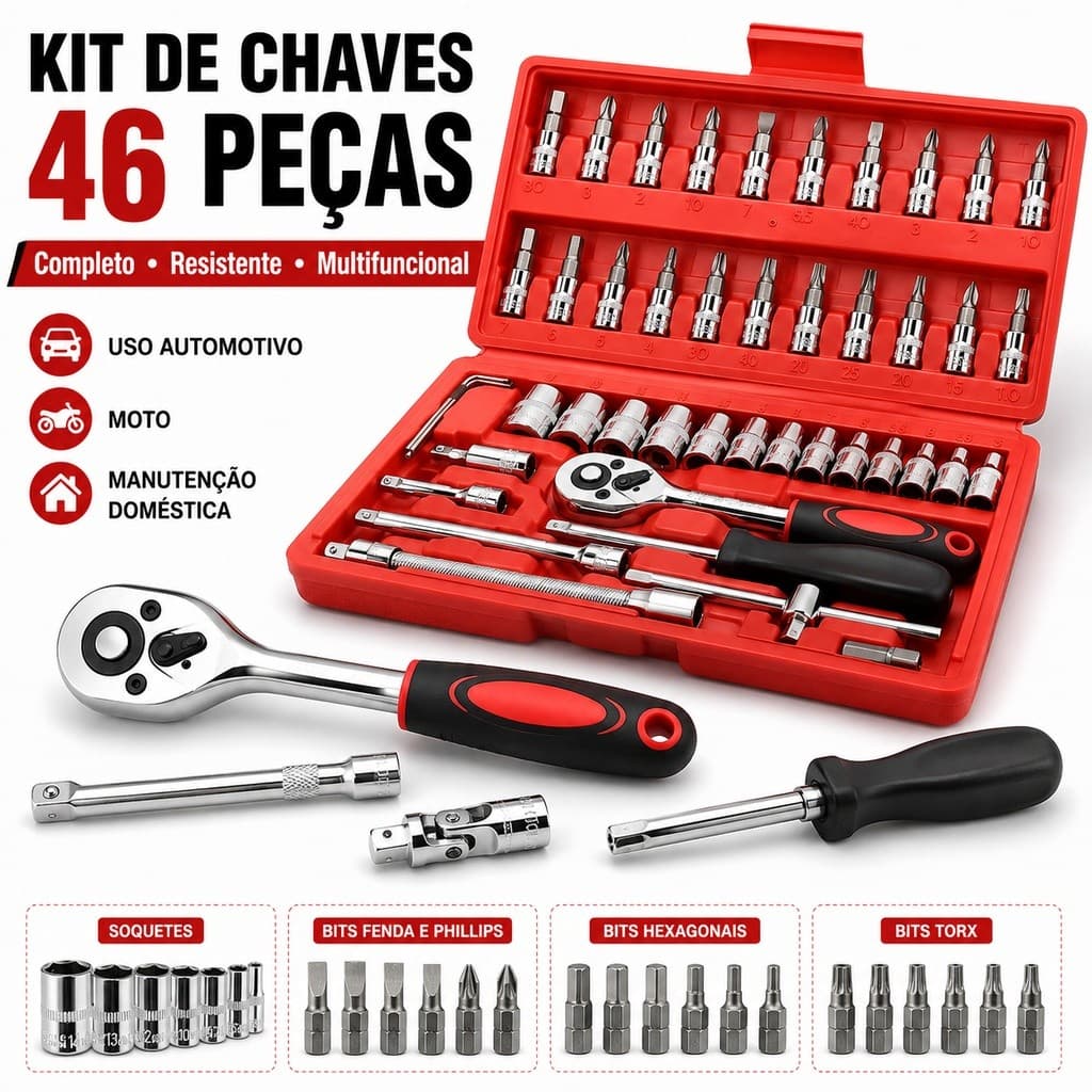 Kit De Ferramentas 46 Peças Jogo De Soquetes Chave Catraca Reversível Com Maleta Jogo De Ferramentas Completo