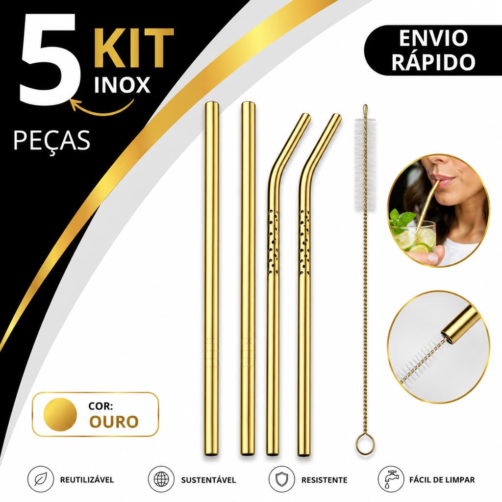 Kit 5 Peças Canudos Inox Dourado Ouro Reutilizáveis Curvo Reto Com Escova Limpeza Drinks Sucos