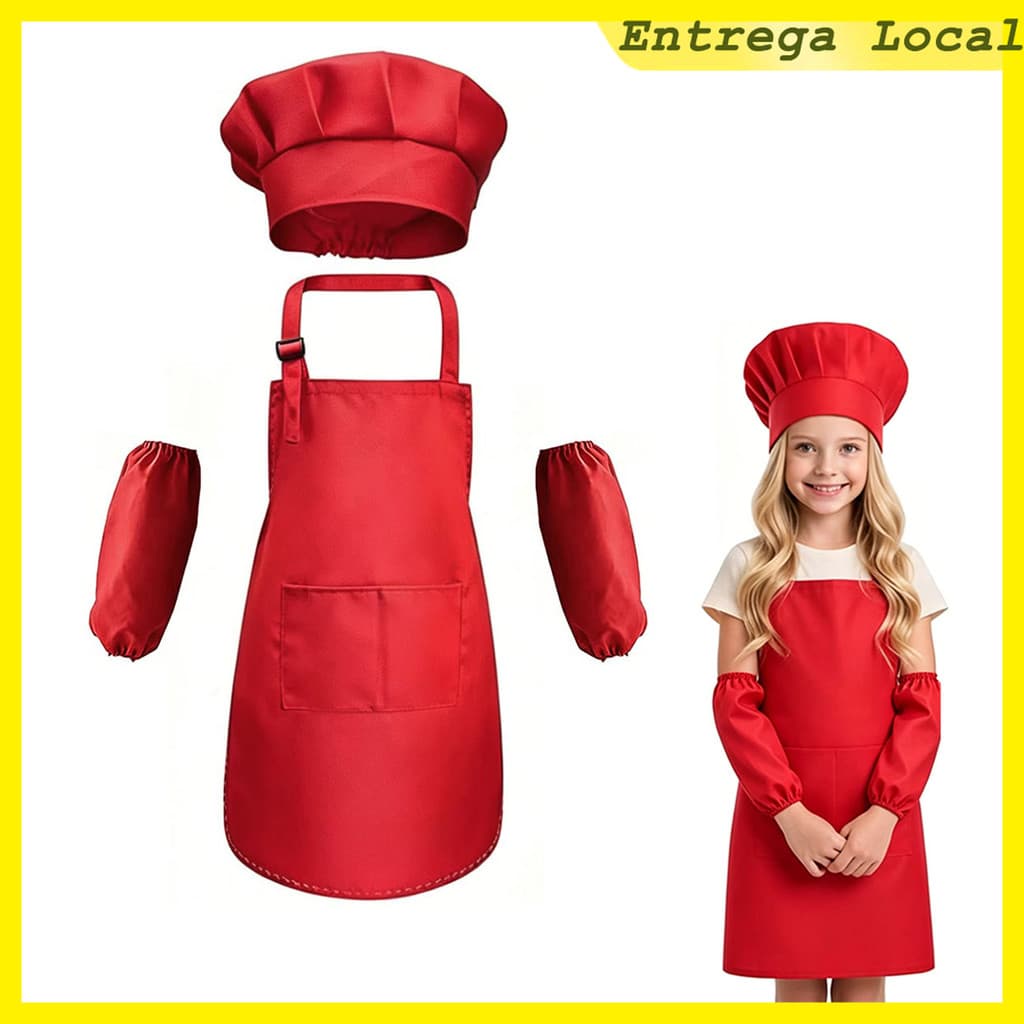 Poliéster Lavável Kit Chef Infantil Vermelho 1 2 ou 3 Conjuntos Avental Ajustável Chapéu Elástico e Par de Mangas
