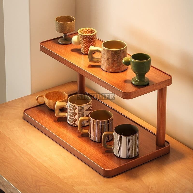 Suporte De Copo De Mesa De Madeira Maciça-Prateleira De Armazenamento Multicamadas Para Copos De Água De Chá De Café