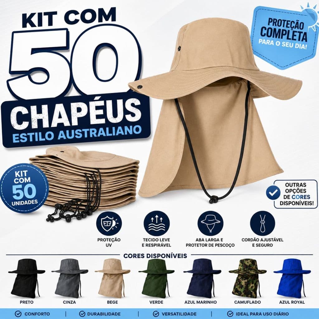Kit 50 Chapéus Australianos com Protetor de Pescoço para Pesca Camping e Trabalho ao Ar Livre