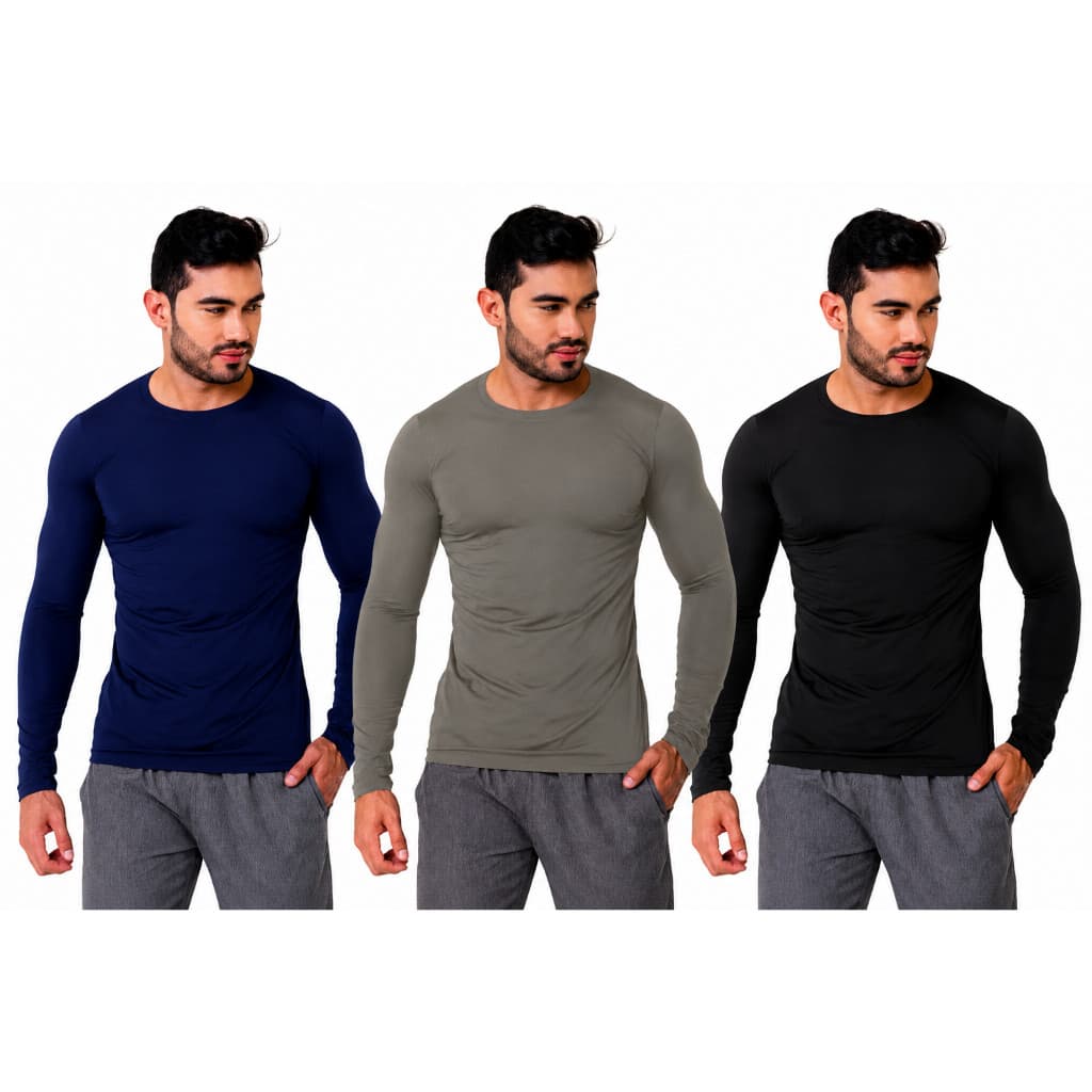 KIT COM 3 CAMISAS MANGA LONGA SEGUNDA PELE DRY FIT TÉRMICA MASCULINA TECIDO MACIO E MODELAGEM SLIM FIT