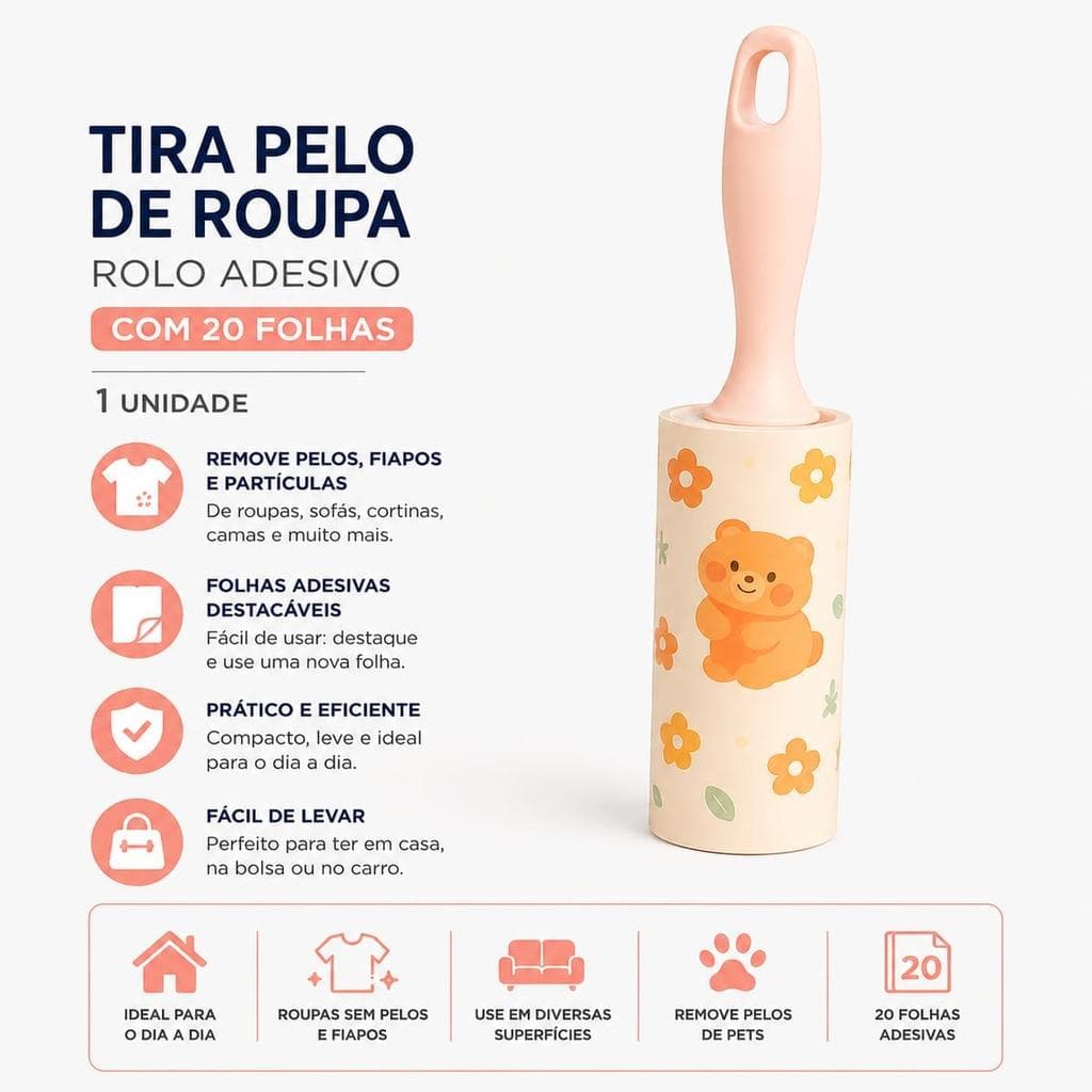 Rolo Tira Pelo Adesivo 20 Folhas Removedor Fiapo Roupa Pet Sofá Cama MOKFA IMPORT