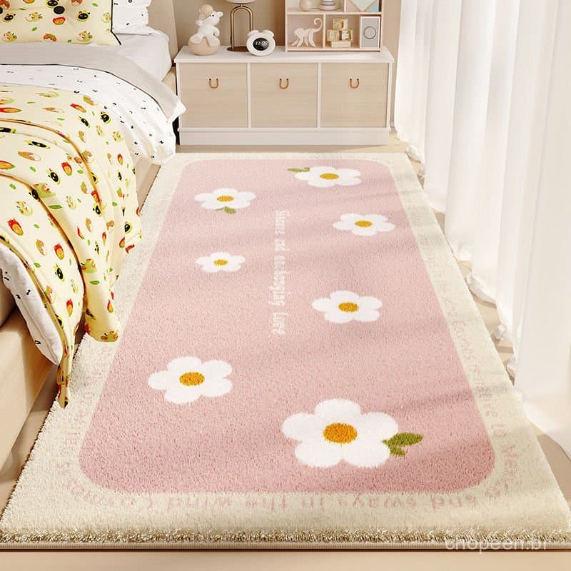 Tapete com Padrão Floral de Desenho Animado para Quarto de Meninas - Tapete Macio de Lã Sintética de Pelo Longo para Sal