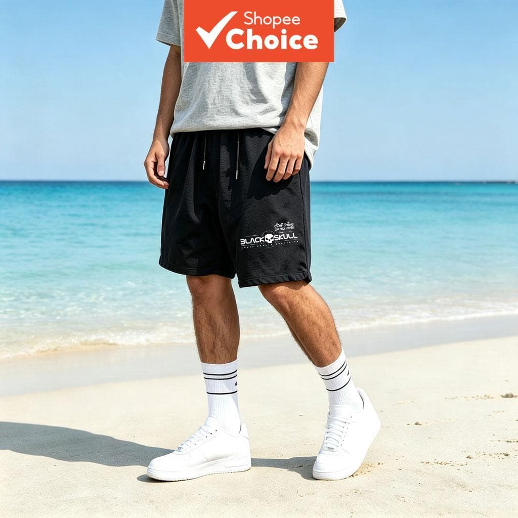 Conjunto de praia masculino, short masculino, short de academia masculino, estampa de caveira preta na coxa, macio,