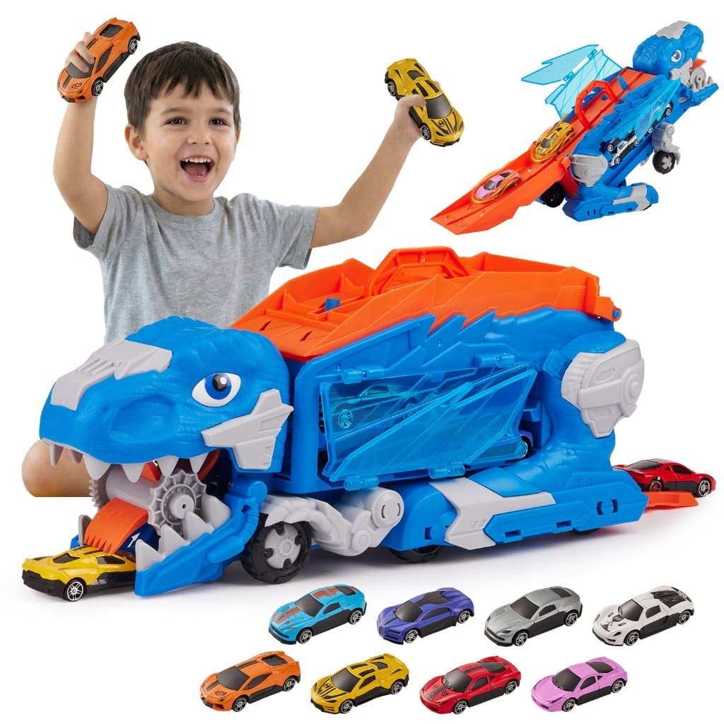 JogoJunto Caminhão Dinossauro com Pista 2 em 1 e 8 Carrinhos Porta-Carrinhos Brinquedo Infantil