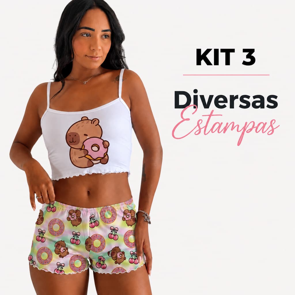 Kit 3 Babydoll Pijama Feminino Cropped de Alcinha Shortinho Personagens Alta Qualidade