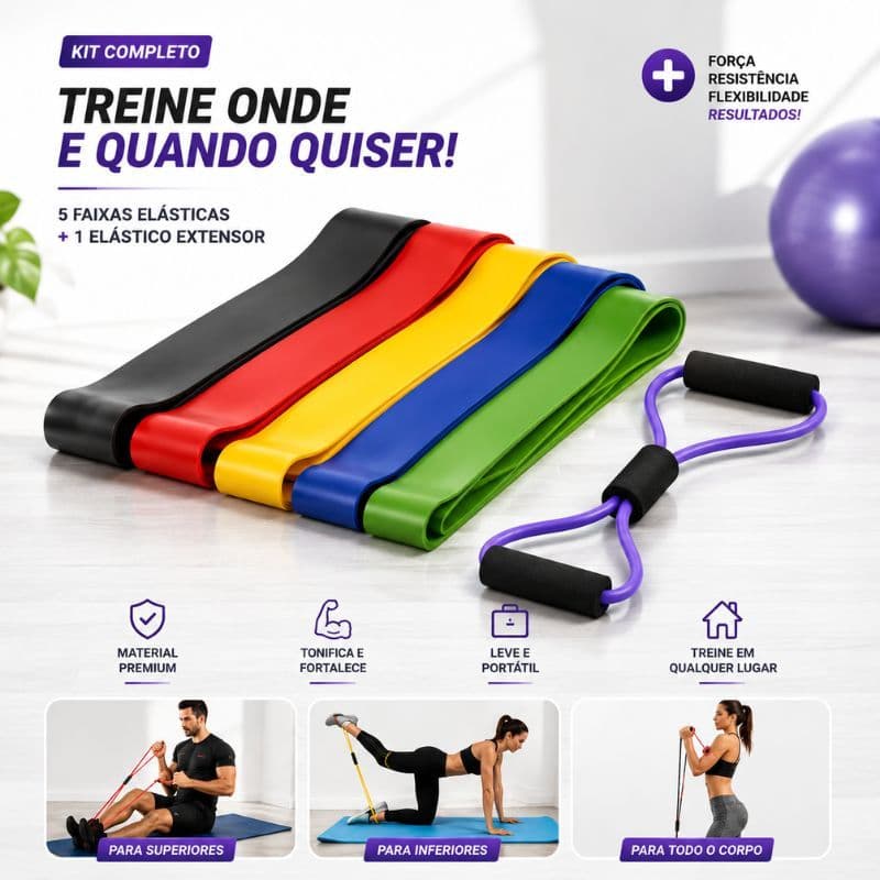 Faixas Elásticas 5 Intensidades com Extensor Cross Kit 6 Peças Mini Band Treino Pernas Glúteos
