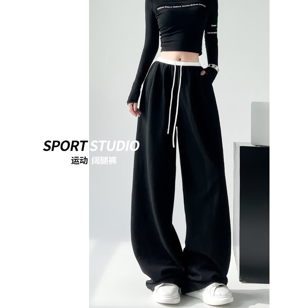 Preto americano calças esportivas femininas primavera outono 2026 novo estilo cintura alta perna larga Casual Sweatpants