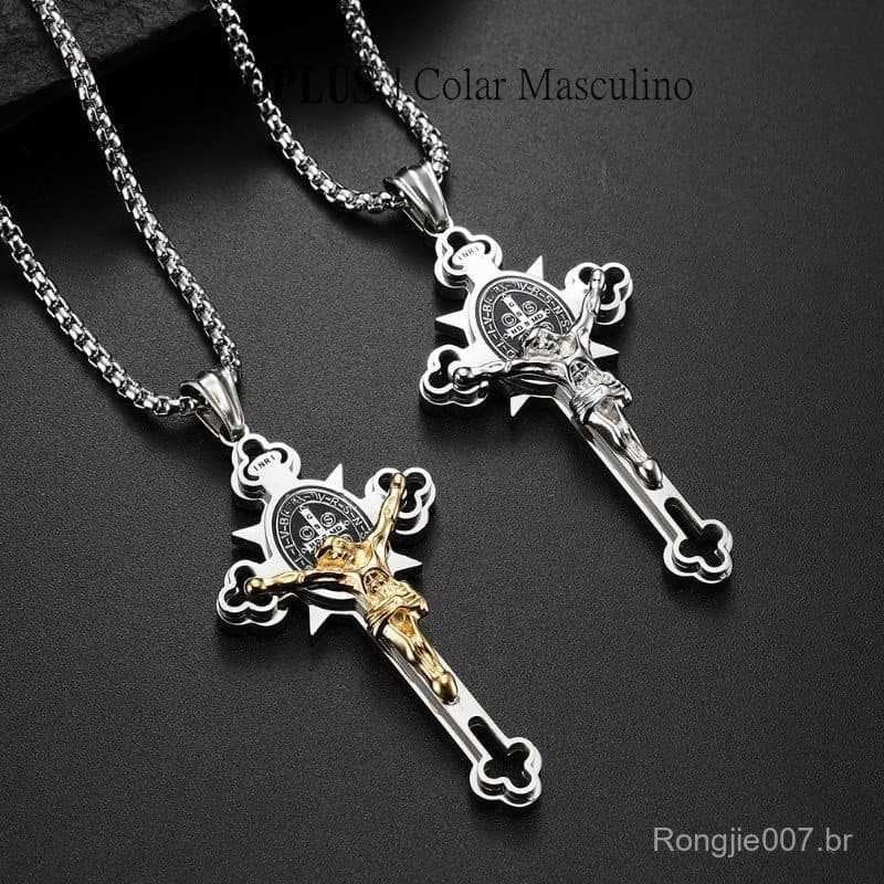 F-OPLUS | Crucifixo Colar Masculino 3mm 60 cm Corrente Masculina com Jesus Cruz Pingente De Duas Cores E Prata TNM047