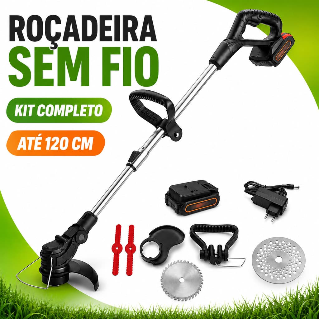 Roçadeira Elétrica Sem Fio, Aparador de Grama 120 cm com Bateria, Lâminas e Carregador Bivolt