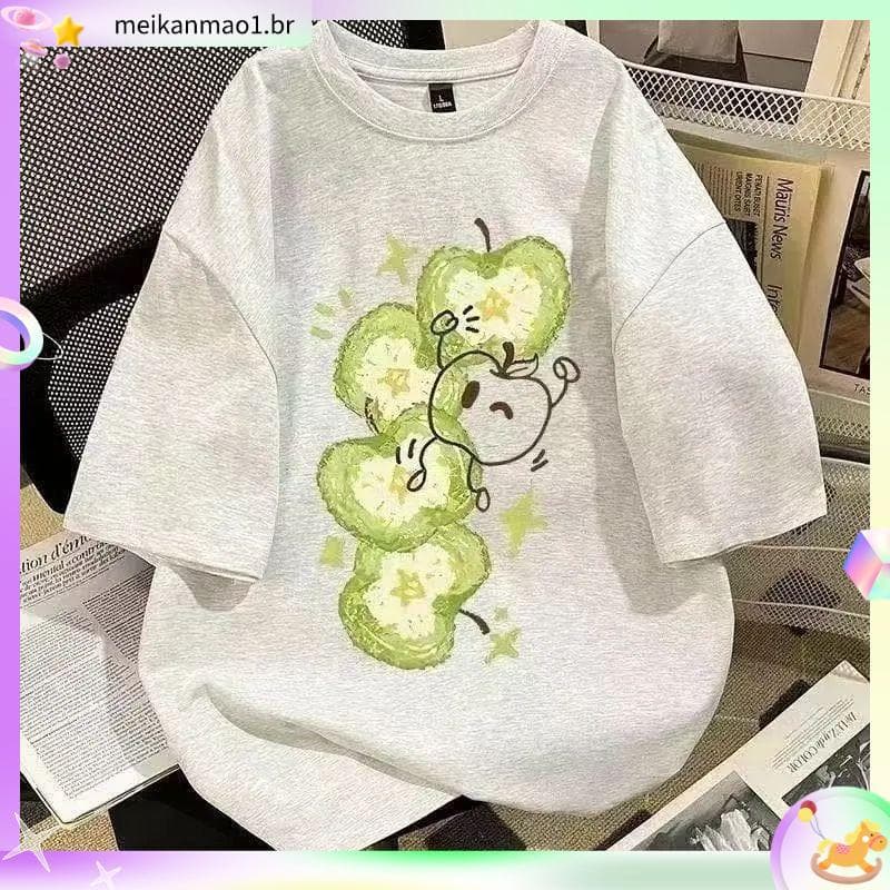 Loja de venda quente americano Street Wear ins bonito maçã impresso pesado camiseta de manga curta estilo masculino femi