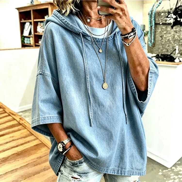 Top jeans solto com capuz e cordão manga três quartos moda feminina