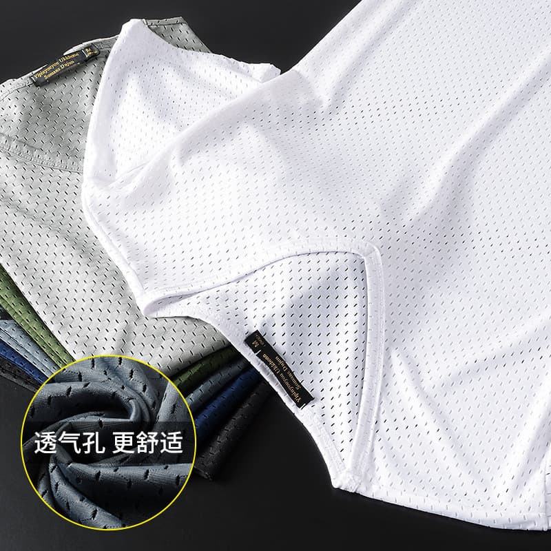 Malha respirável de seda gelo de manga curta camiseta masculina verão 2026 novo cabido em torno do pescoço meia manga ca