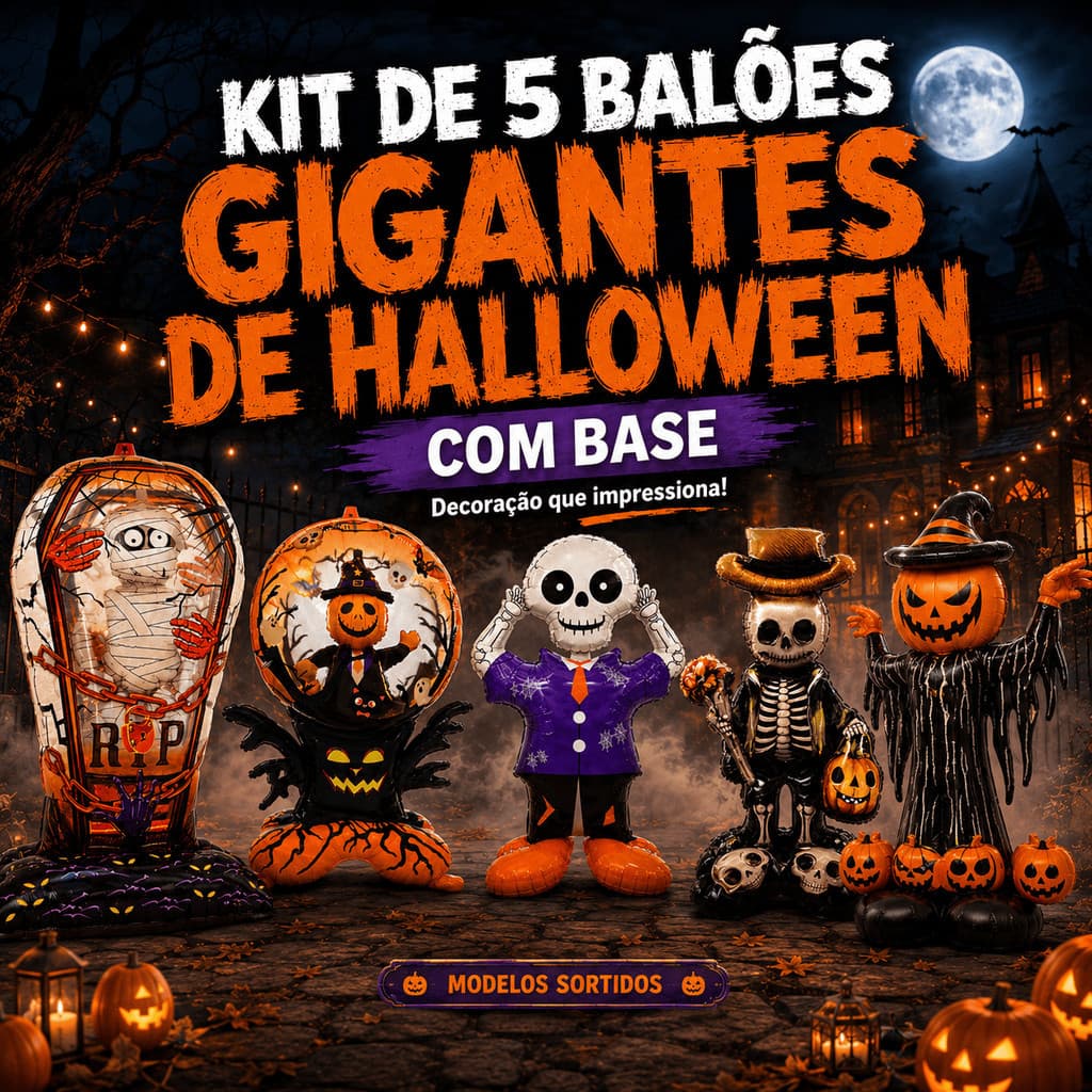 Kit 5 Balões Infláveis Gigantes Halloween Metalizados com Base Múmia Esqueleto Caveira e Abóbora para Decoração de Festa