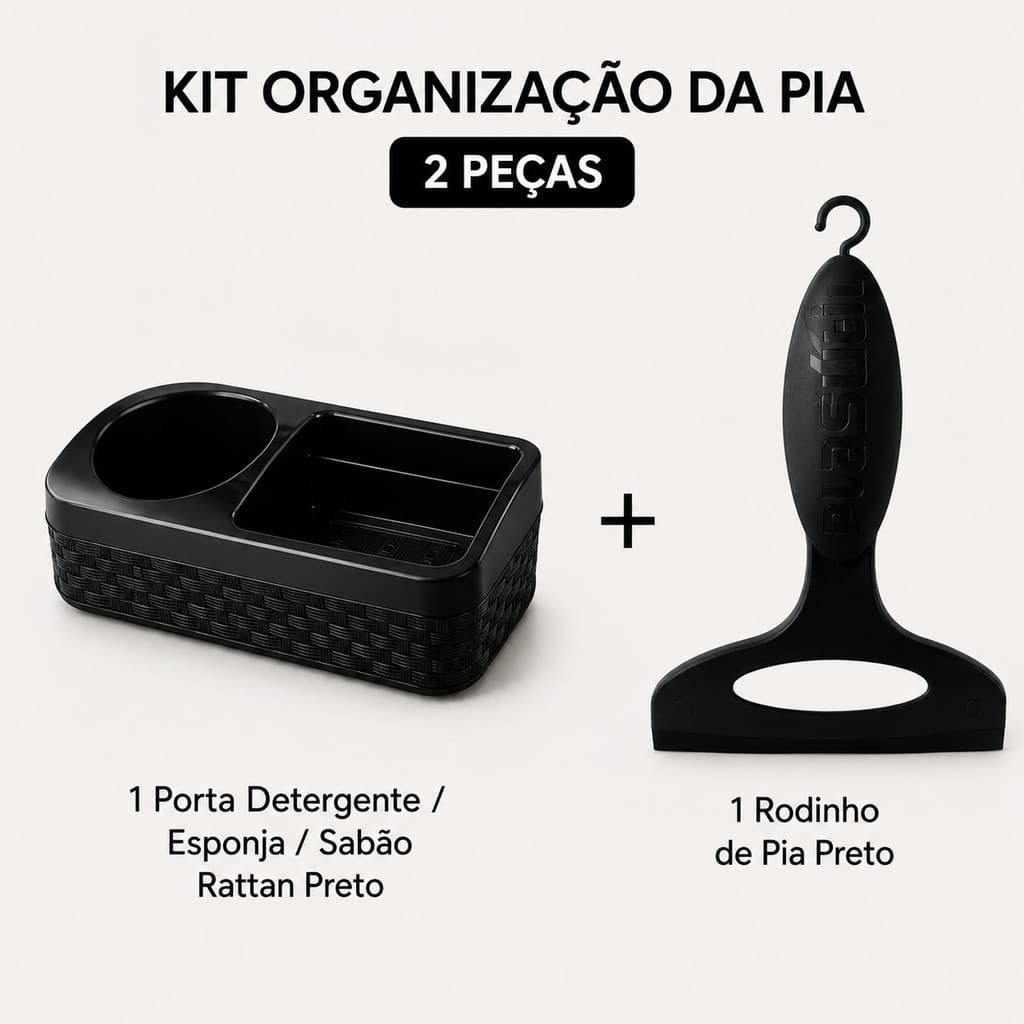Kit Organizador de Pia Preto Porta Detergente Esponja Sabão Rattan + Rodinho de Pia