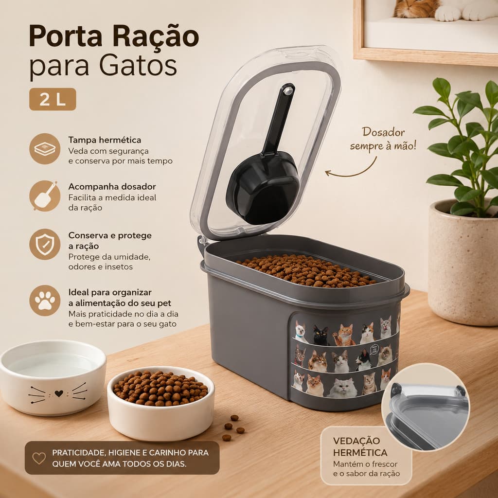 Porta Ração Pets Cães e Gatos 2 Litros Tampa Hermetica e Dosador Conserva e Protege