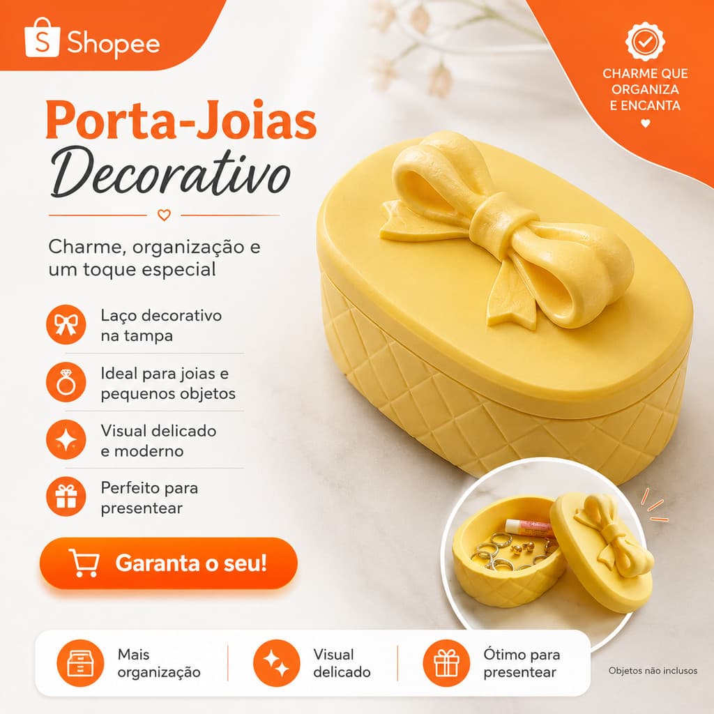 Porta-Joias Oval com Tampa e Laço Decorativo Organizador para Anéis Brincos e Acessórios.