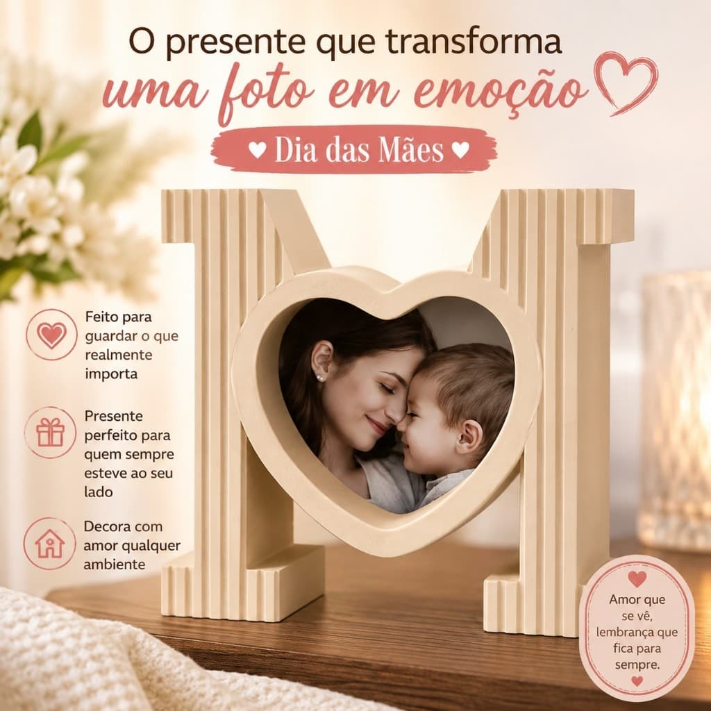 Porta Retrato Dia das Mães Coração Presente Para Mãe Decoração Lembrança Especial Amor Mãe e Filho