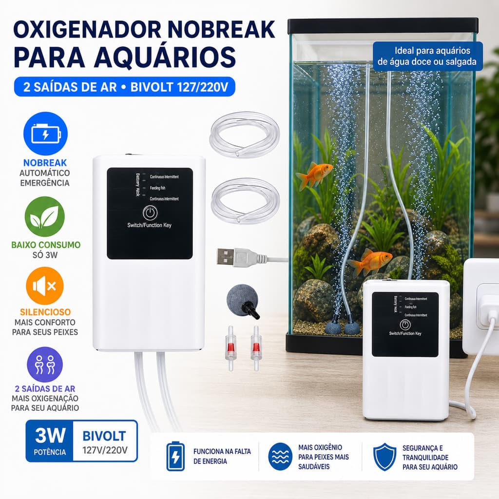 Oxigenador Aquário Nobreak 2 Saídas Ar Bivolt 3W 127/220v Baixo Consumo Emergência Backup Automático