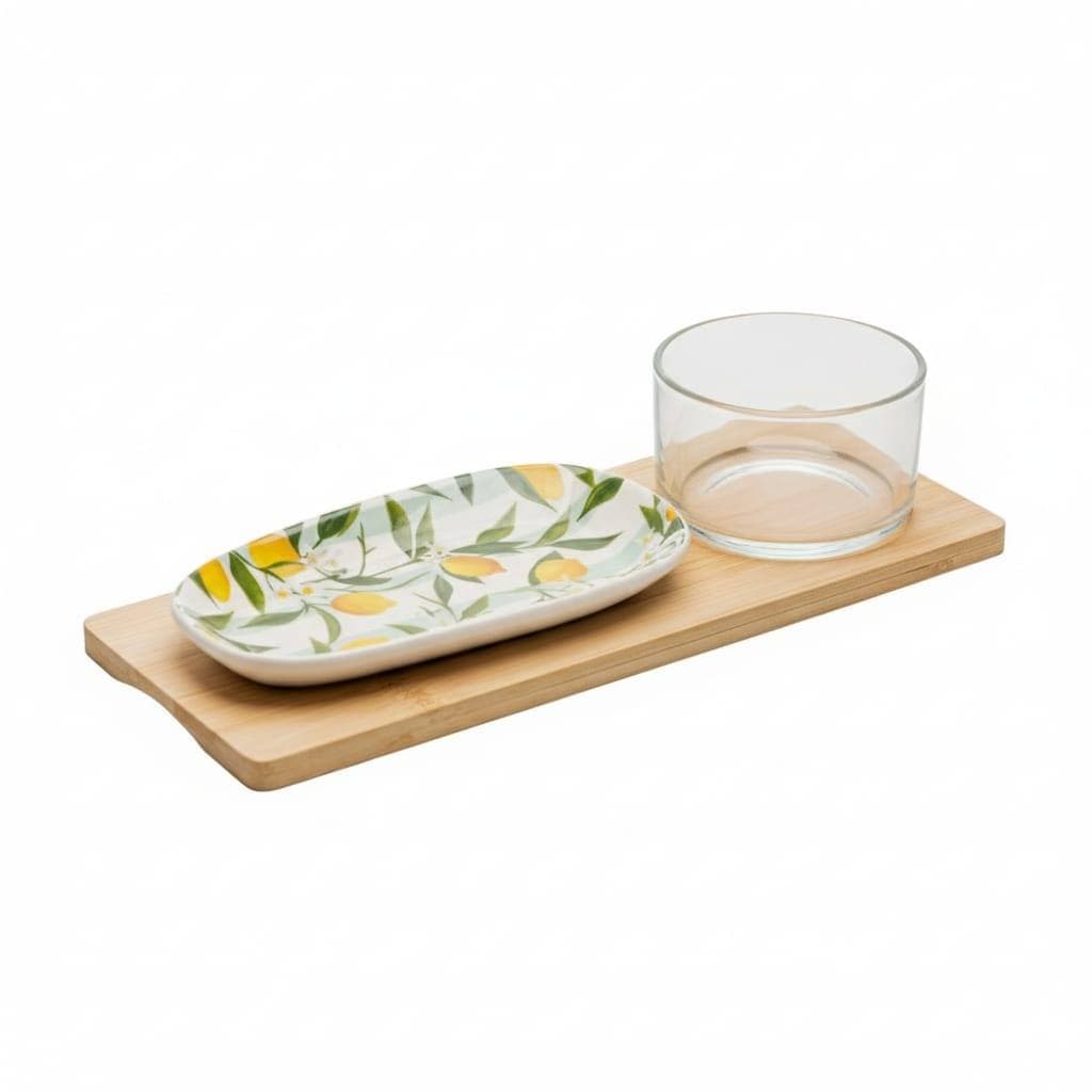 Conjunto Para Servir Café Da Manhã 3 Peças Bambu Petisqueira Bandeja Copinho Lanchinho Da Tarde