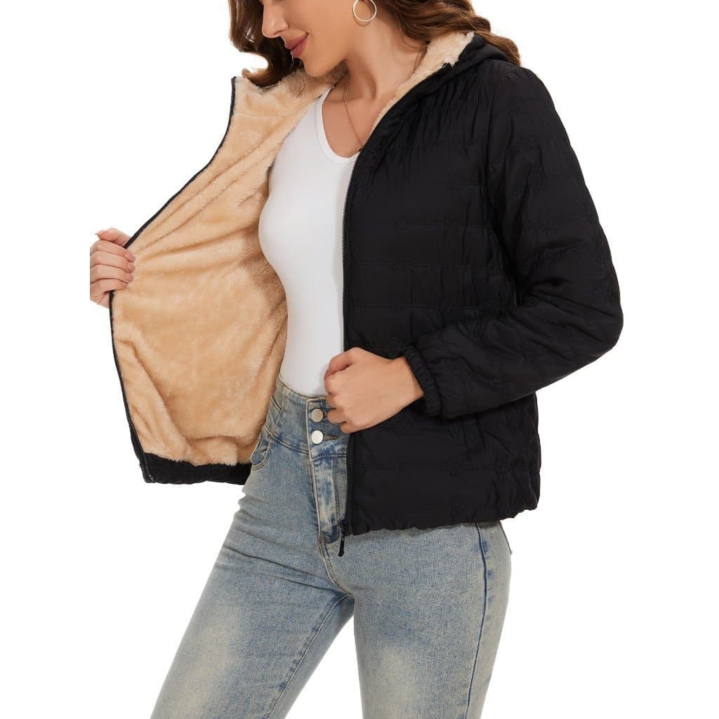 Moda Cor Sólida Curto Solto Parka Inverno Feminino Manga Longa Quente Zíper Casaco Com Capuz .