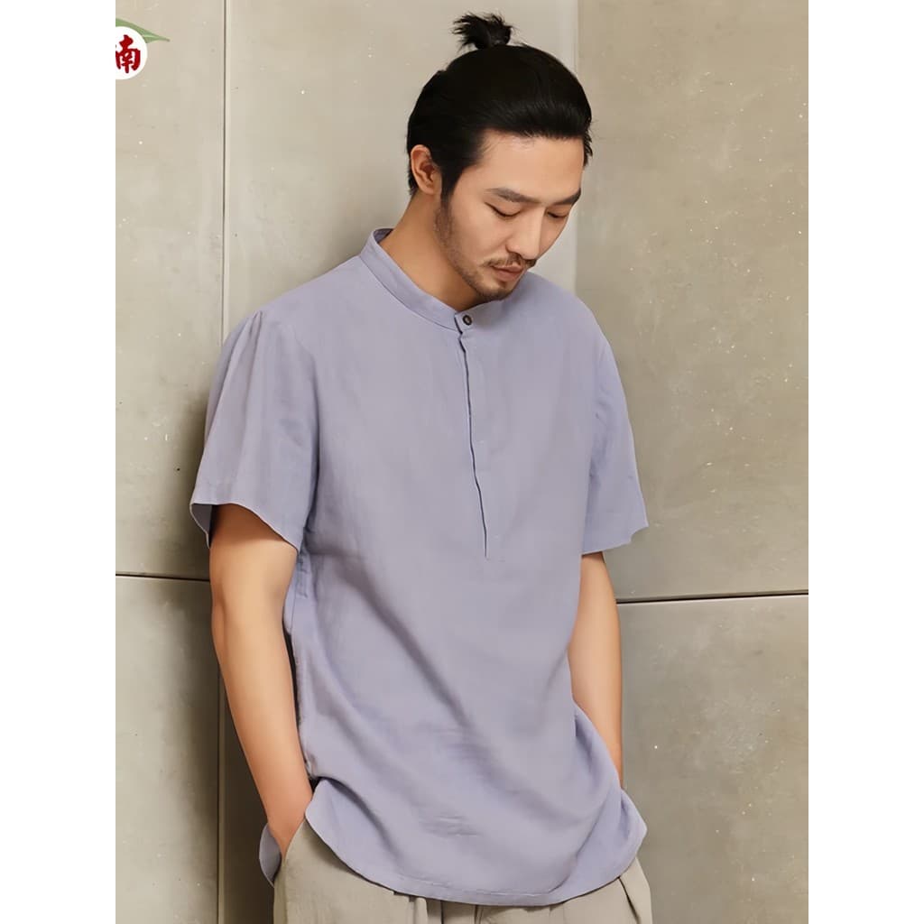 Nan estilo chinês masculino Ramie manga curta camiseta masculina novo estilo estilo chinês masculino fino topo gola alta