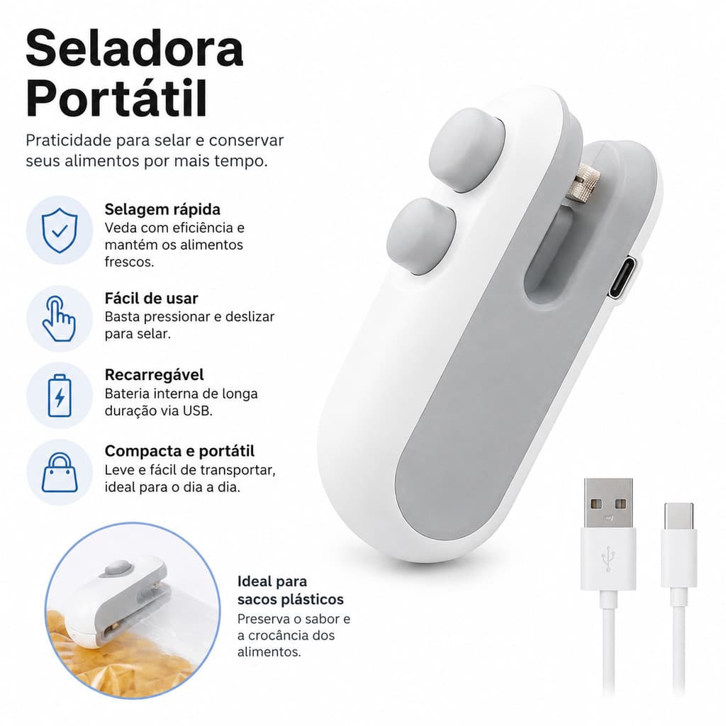 Seladora Portátil Recarregável USB para Sacos e Embalagens – Mini Seladora Compacta