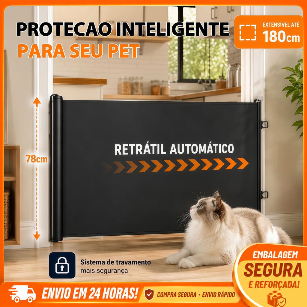 Tela de Proteção Retrátil para Cães e Gatos Portão Pet Sem Furos 110/150/180x78cm