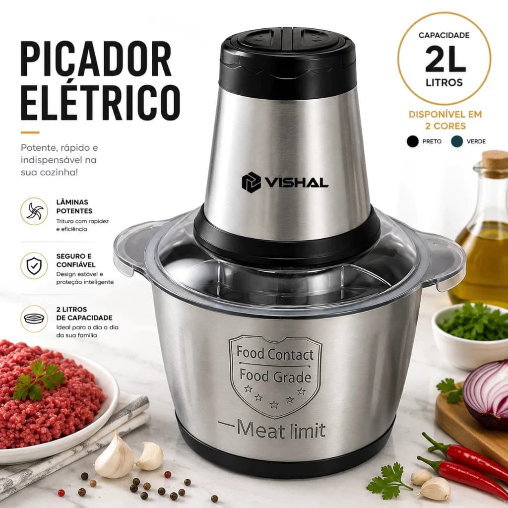 2 Litro Triturador De Alimentos Carne e Legumes Multiprocessador Elétrico 2 Modos Fácil De Limpar